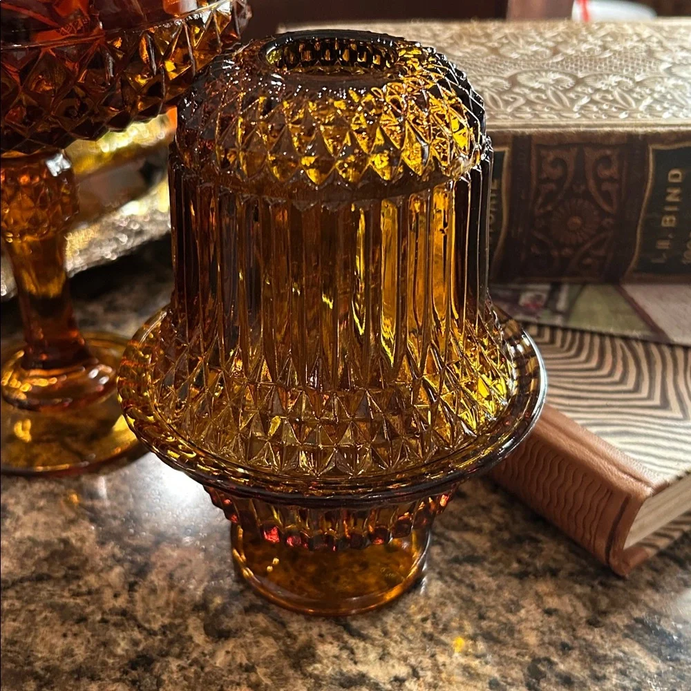 Vintage Indiana Glass Amber Fairy Lamp Tea Light Holder in Diamond Point - Picture 5 of 5